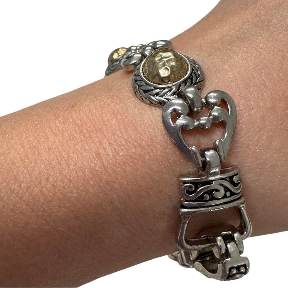 Silver & Gold Tone Charm Bracelet Magnetic Closure Scrolled Beads Womens Chunky